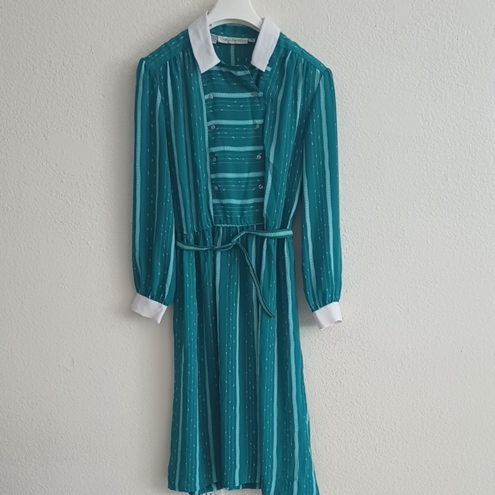 Teal Striped Women's Dress with White Accents Size 14